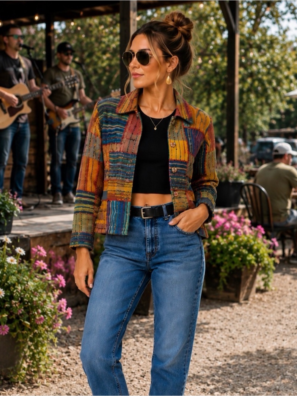 Patchwork Woven Jacket Multicolor Boho Artisan Cotton Petite M